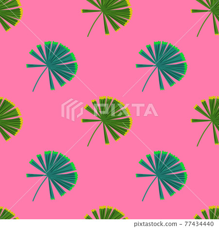 Green and blue palm licuala ornament seamless pattern. Pink bright background. Doodle ornament. 77434440