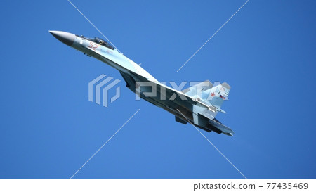 Moscow Russia Zhukovsky Airfield 31 August 2019: aerobatic Su-35 perfoming demonstration flight of the international aerospace salon MAKS-2019 77435469