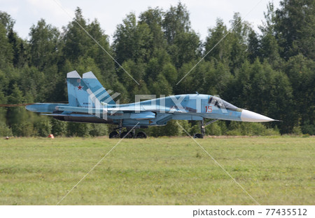 Moscow Russia Zhukovsky Airfield 31 August 2019: landing SU-34 fighterof the international aerospace salon MAKS-2019. Moscow Russia Zhukovsky Airfield 31 August 2019: landing SU-34 fighterof the international aerospace salon MAKS-2019. 77435512
