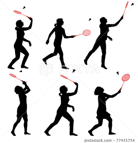Black set silhouette of female badminton player on white background Black set silhouette of female badminton player on white background 77435754