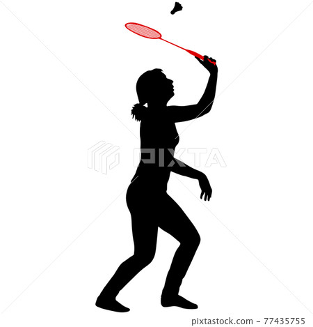Black silhouette of female badminton player on white background 77435755