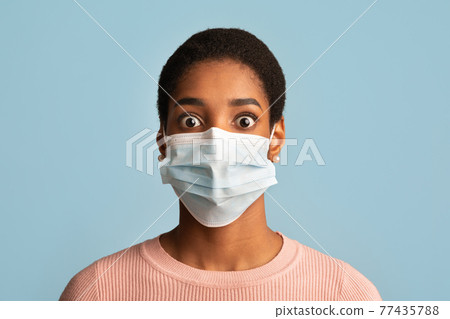 Coronavirus Panic Concept. Portrait Of Terrified African Woman In Protective Medical Mask 77435788