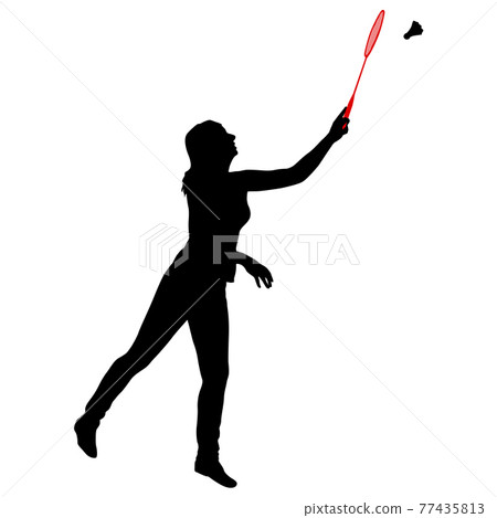 Black silhouette of female badminton player on white background 77435813