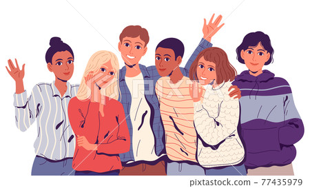 Group portrait of affable friendly close-knit and hugging young people Group portrait of affable friendly close-knit and hugging young people 77435979