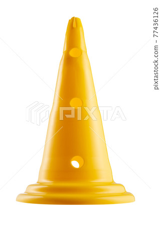 yellow high traffic cone stands on a white background, restricts movement yellow high traffic cone stands on a white background, restricts movement 77436126