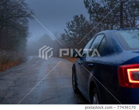 blue car headlight beams in dense mist blue car headlight beams in dense mist 77436170
