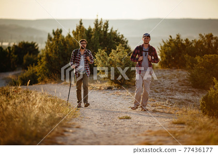 two men hikers enjoy a walk in nature, sunset time in summer two men hikers enjoy a walk in nature, sunset time in summer 77436177