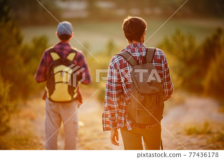 two men hikers enjoy a walk in nature, sunset time in summer two men hikers enjoy a walk in nature, sunset time in summer 77436178