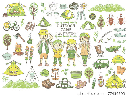 帶主線的夏季戶外休閒營地燒烤家庭圖標插圖集 帶主線的夏季戶外休閒營地燒烤家庭圖標插圖集 77436293