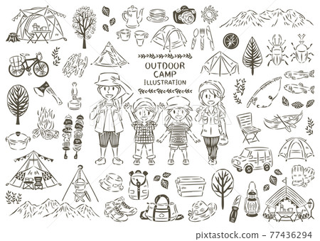 Summer outdoor leisure camp barbecue family icon illustration set Summer outdoor leisure camp barbecue family icon illustration set 77436294