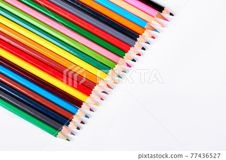 Collection of multicolored pencils for drawing. 77436527