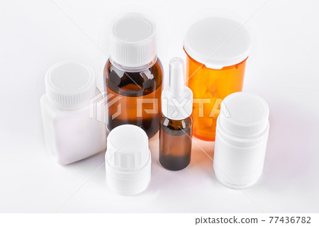 Set of medicine in glass and plastic bottles. 77436782