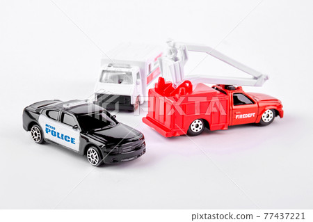 Set of car toys, white background. 77437221