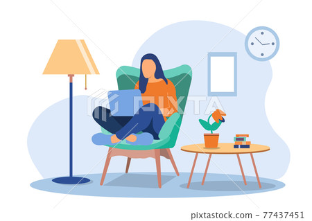 Girls working at home. Young woman sitting on a chair and using laptop. Freelance, self employed, freedom, in living room. EPS 77437451