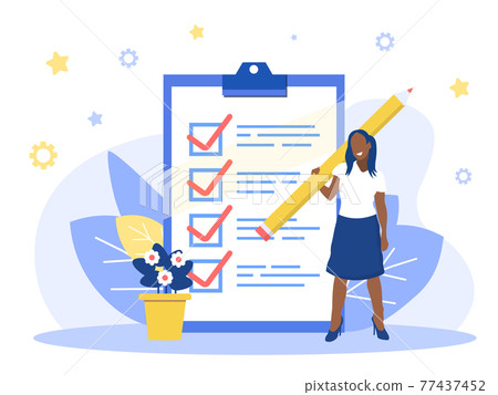 Positive business woman with a giant pencil on his shoulder nearby marked checklist on a clipboard paper. Successful completion of business tasks. Flat vector illustration. EPS 77437452
