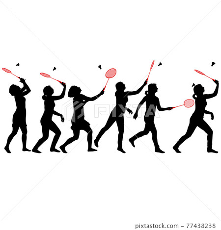 Black set silhouette of female badminton player on white background 77438238