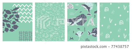 Vector poster ocean sea set with cartoon silhouette whale, stingray, fish, octopus, crab and other underwater animals for banner, card, postcard, book notebook cover. Collage, cut paper effect 77438757