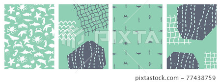Set of abstract ocean sea posters with cartoon silhouette fish, octopus, crab, stingray, whale, starfish, seaweed, water plants. Vector illustration banner, card, postcard 77438759