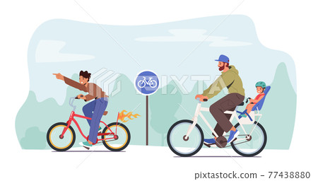 Father, Teenager Son and Little Child Characters Riding Bicycle, Baby Sitting on Dad Bicycle Trunk Seat. Happy Family Father, Teenager Son and Little Child Characters Riding Bicycle, Baby Sitting on Dad Bicycle Trunk Seat. Happy Family 77438880