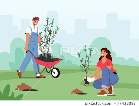 Global Environmental Movement, Reforestation Concept. Characters Planting Seedlings and Trees into Soil in Garden 77438882