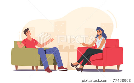 Evening Talk Show Interview Broadcasting, Host and Famous Guest Characters Chatting in Studio, Entertaining Tv Program Evening Talk Show Interview Broadcasting, Host and Famous Guest Characters Chatting in Studio, Entertaining Tv Program 77438908