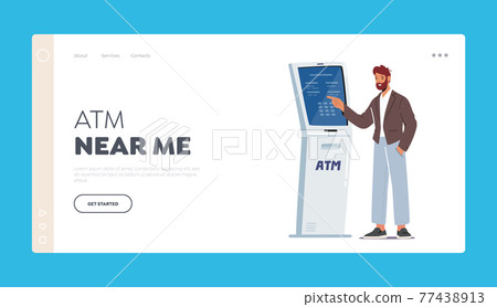 Atm Transaction Landing Page Template. Man Insert Password in Automated Teller Machine Equipped with Camera Atm Transaction Landing Page Template. Man Insert Password in Automated Teller Machine Equipped with Camera 77438913