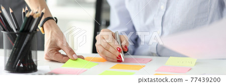 Business woman writing reminder on paper stickers in office Business woman writing reminder on paper stickers in office 77439200