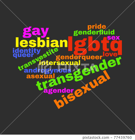 Colorful Rainbow Pride Heart Shape Tagcloud Isolated on Dark Background. Illustration with Words Colorful Rainbow Pride Heart Shape Tagcloud Isolated on Dark Background. Illustration with Words 77439760