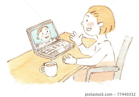 Watercolor illustration of a woman talking online on a laptop 77440332