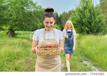Mother and daughter teenager walking together with basket of fresh strawberries Mother and daughter teenager walking together with basket of fresh strawberries 77441963