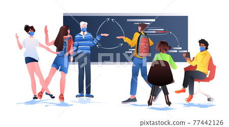 businessman in mask giving speech and making financial presentation business people discussing together 77442126