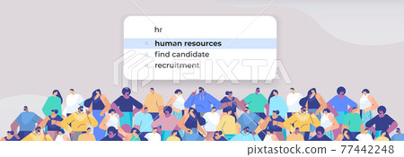 mix race people choosing hr in search bar on virtual screen human resources recruitment hiring internet networking 77442248