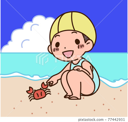 泳裝的女孩觀察在海灘的螃蟹 泳裝的女孩觀察在海灘的螃蟹 77442931