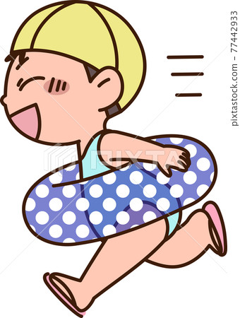 一個穿著泳裝的女孩心情愉快地跑步 77442933