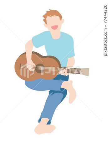 A man sitting in a chair and playing the guitar 77444220
