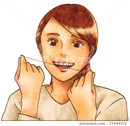 Women using pincushion type dental floss Women using pincushion type dental floss 77444512