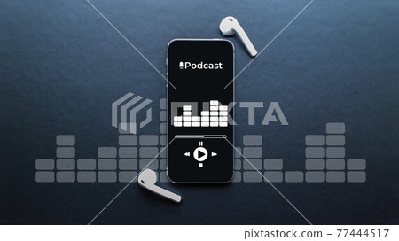 Podcast music. Mobile smartphone screen with podcast application, sound headphones. Audio voice with radio microphone on black background. Broadcast media music banner with copy space. Podcast music. Mobile smartphone screen with podcast application, sound headphones. Audio voice with radio microphone on black background. Broadcast media music banner with copy space. 77444517