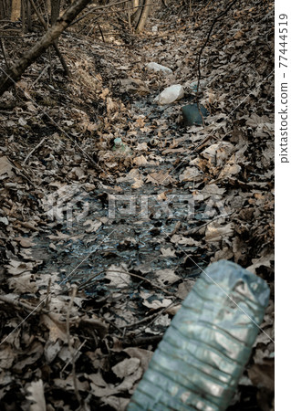 Environmental concept. Forest with trash, plastic rubbish. garbage waste in environment woodland. Ecological problem with Empty used dirty plastic bottles. Environmental concept. Forest with trash, plastic rubbish. garbage waste in environment woodland. Ecological problem with Empty used dirty plastic bottles. 77444519