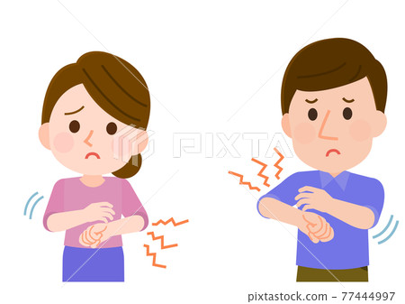 Illustration of skin troubles for men and women scratching their arms 77444997