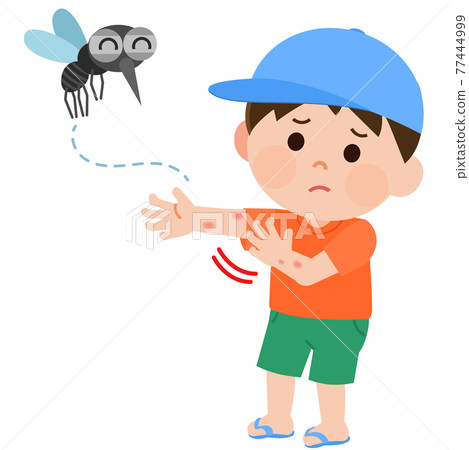 Illustration of a boy bitten by a mosquito and scratching his arm Illustration of a boy bitten by a mosquito and scratching his arm 77444999