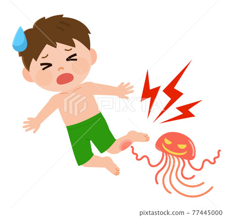 Illustration of a boy crying after being bitten by a dangerous jellyfish 77445000