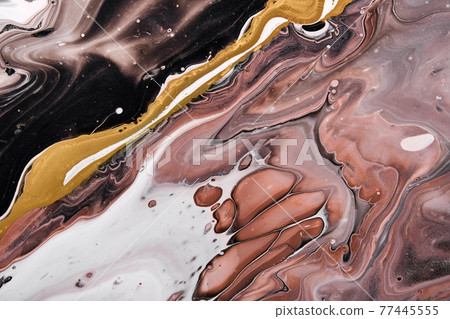 Acrylic Fluid Art. Brown and black waves with liquid golden curve. Abstract marble agate stone background or texture, fake kintsugi technique 77445555