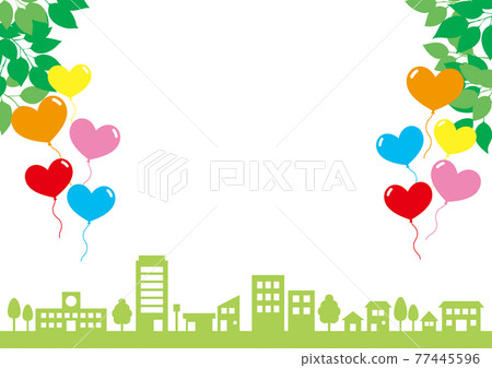 心形氣球飛行的城市景觀背景 心形氣球飛行的城市景觀背景 77445596