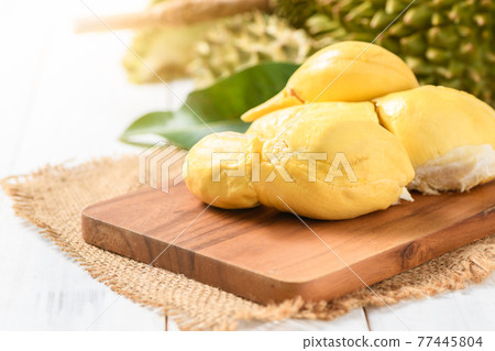 Chani Kai Durian or Durio zibthinus murray on wood plate, Chani Kai Durian or Durio zibthinus murray on wood plate, 77445804