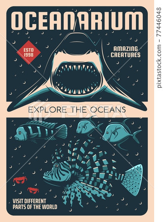 Oceanarium exotic and tropical fishes retro banner 77446048