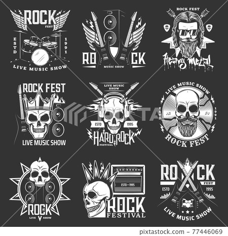 Rock music festival icons, hard rock skull, guitar Rock music festival icons, hard rock skull, guitar 77446069