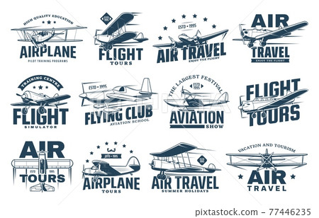 Vintage plane isolated icons, air travel, aircraft Vintage plane isolated icons, air travel, aircraft 77446235