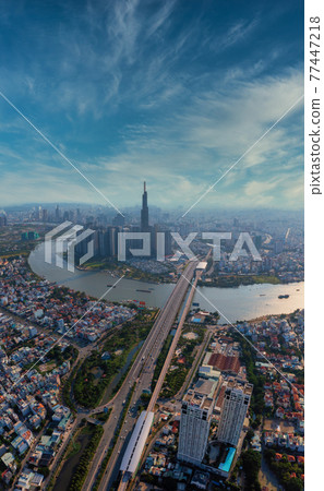 Vertical panorama cityscape photo of downtown Ho Chi Minh city 77447218