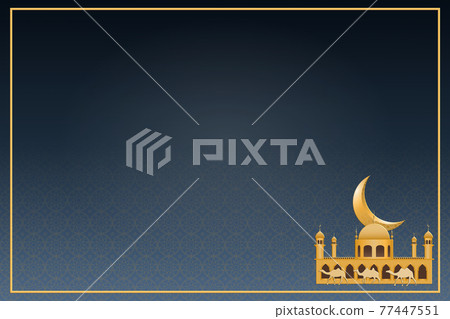 Beautiful blue Ramadan wallpaper featuring a camel, temple, and crescent moon, there is a free space for your text.Illustration. Beautiful blue Ramadan wallpaper featuring a camel, temple, and crescent moon, there is a free space for your text.Illustration. 77447551