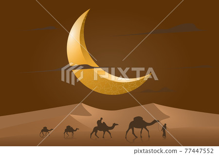 Beautiful orange Ramadan wallpaper features pilgrims with camels traveling in the desert to the temple. Behind the twilight sky and crescent moon, there is free space to put your text.Illustration. Beautiful orange Ramadan wallpaper features pilgrims with camels traveling in the desert to the temple. Behind the twilight sky and crescent moon, there is free space to put your text.Illustration. 77447552